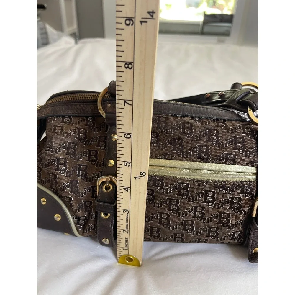 Bonia Monogram Canvas Satchel Bag Brown Leather Trim Gold Hardware Studded
